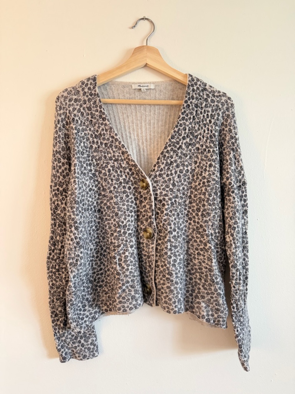 Madewell Gray Floral Print Button Cardigan Sweater